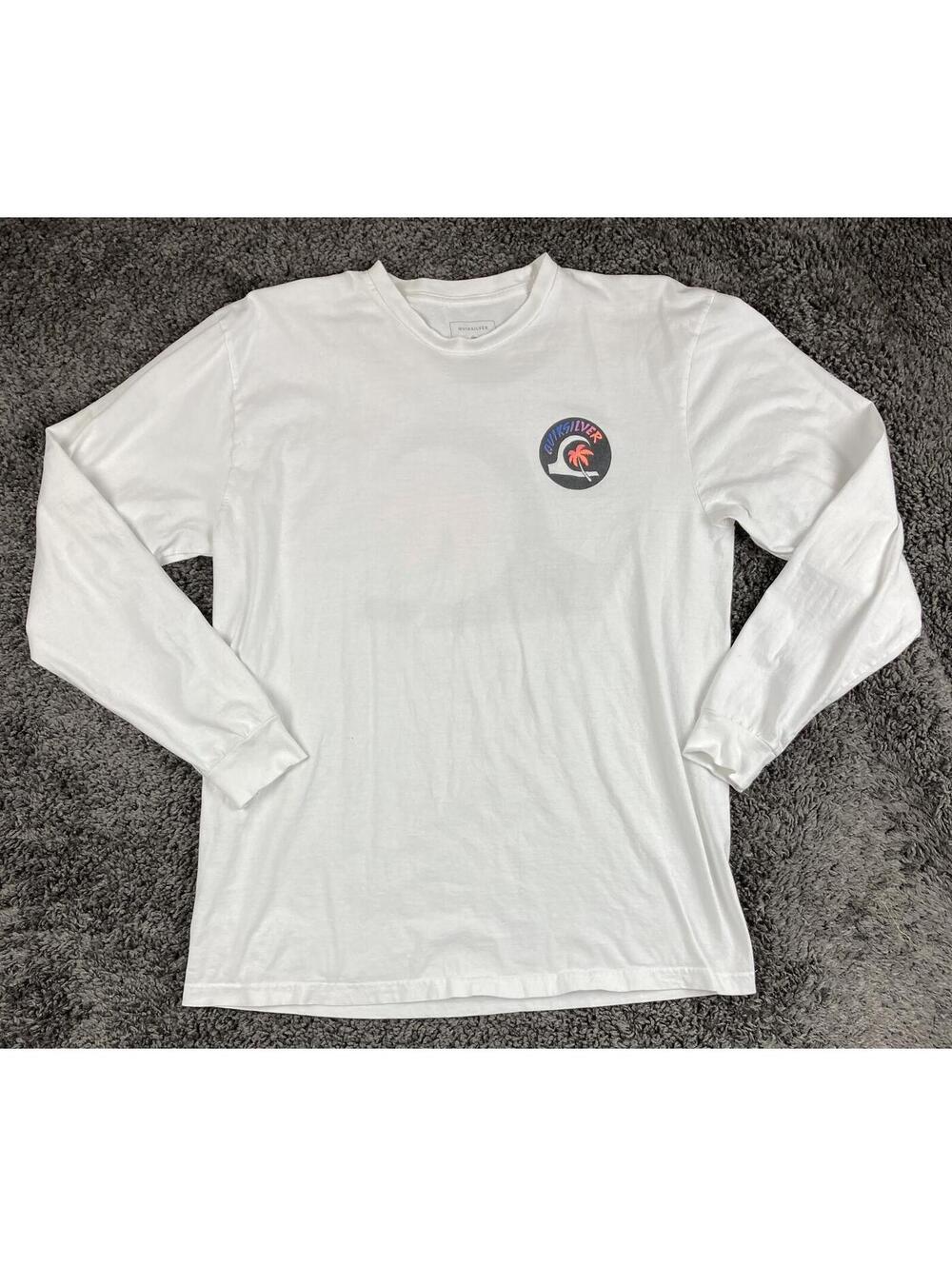 Quiksilver Mens Long Sleeve Graphic T-Shirt XL White Cotton Palm Tree Wave 1401